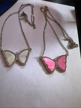 2 Butterfly Pendant Necklace - Pink or White Crystal Trim